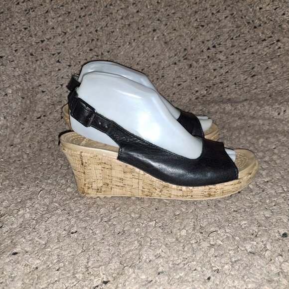 CROCS-A-Leigh Leather Open Toe Slingback Cork Wedge Sandals Black-SZ 8-Excellent - Picture 4 of 7